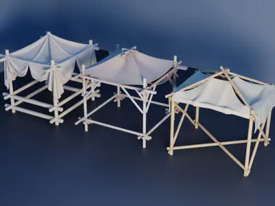 Wooden Gazebo with Detailed Fabric Set of 3 3D model