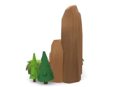 Cartoon Stone Cllff and Green Trees Low-poly 3D model