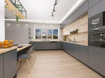 Modern kitchen in anthracite gray and aok wood 3D model