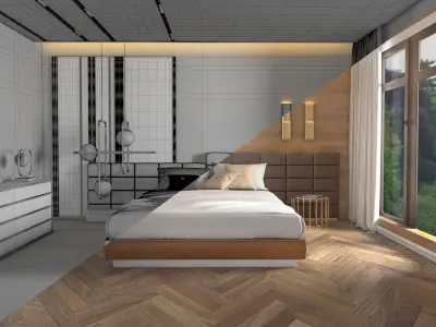 interior modern bedroom with wood floors 3D model