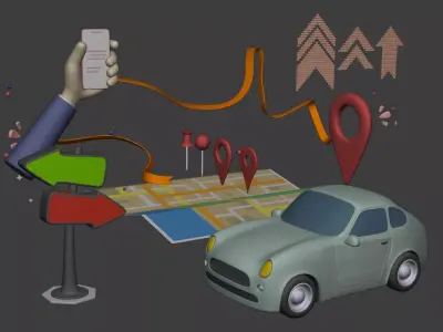 Cartoon Scene - Car Icon Map Hand Smartphone Direction Cursor AD Low-poly 3D model