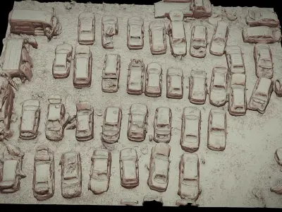 cars wreckage terrain closeup sector drone photogrammetry Low-poly 3D model