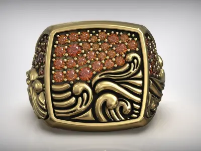 Ocean Waves Black Diamond Signet Biker Ring 3D print model