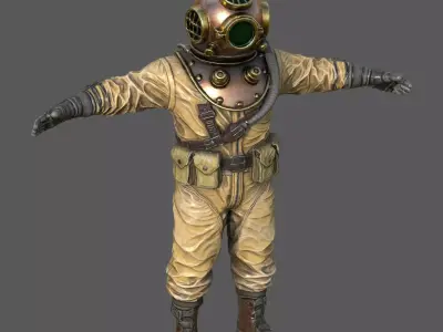 Realistic Vintage Diver Character  PBR Textured Game-Ready Low-poly 3D model