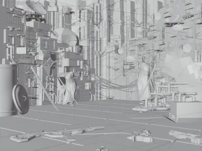 FREE Rooftop Cyberpunk City with Katana Free 3D Model Free 3D model