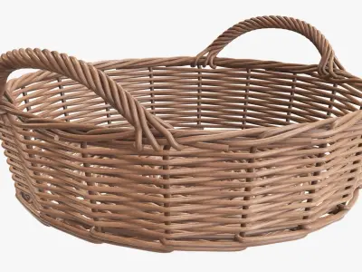 Wicker basket round with handle light brown 3D model