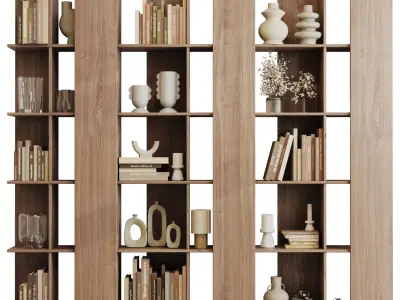 Wooden Shelves Decorative With Book and Plants - Wooden Rack 18 3D model