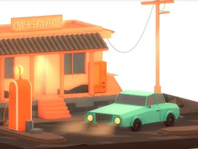 Gas Station Night Low Poly Low-poly 3D model