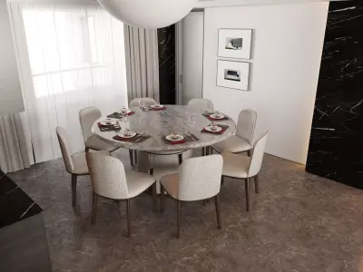 Modern Luxury Open-Plan Living Room with Marble Kitchen Island 3D model