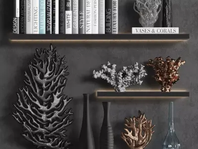 Decorative set of organic coral with books and vases 3D model