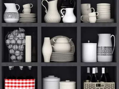 Kitchen set shelf filled with dishes and utensils 3D model