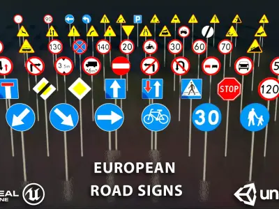 77 European Road Signs PBR Game-ready Low-poly 3D model