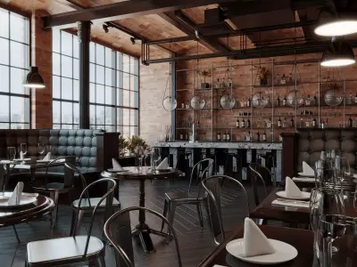 Industrial style restaurant interior Low-poly 3D model
