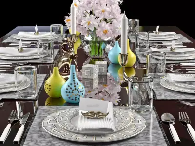 Tableware table setting with silverware and flowers 3D model
