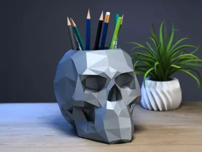 Low Poly Skull pen holder Perfect Gamer Gift 3D print model