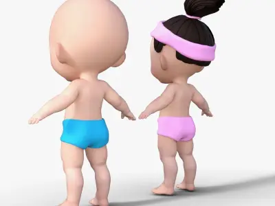 Cute Baby Boy and Girl 3D Cartoon Model Low-poly 3D model
