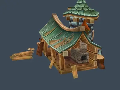 Cartoon Old Wood and Stone Workshop Sawmill 3D Model Low-poly 3D model