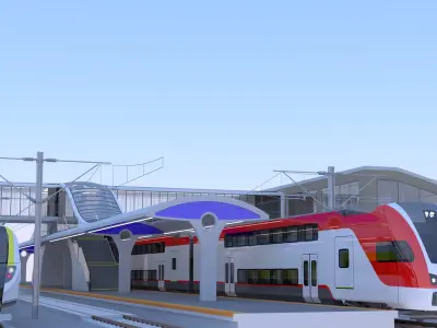 Station with american trains II 3D model