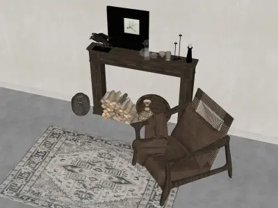 Rustic Fireplace with Decorative Elements and Modern Armchair 3D model