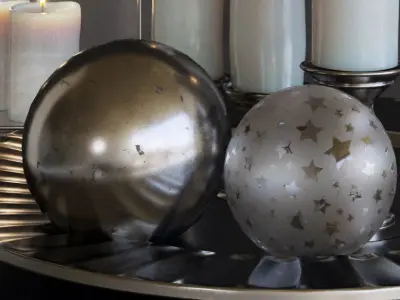 Set-145 candles and silver ornaments on tray 3D model