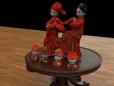 Chinese wedding doll collection with round display stand   3D model