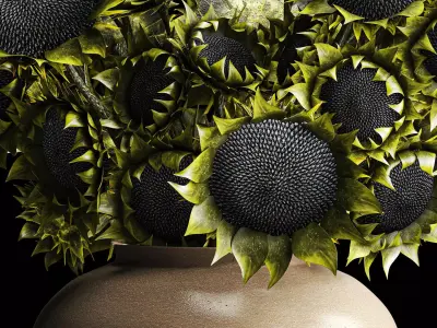 Realistic bouquet green sunflowers ceramic vase decor new 3D model