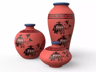 Madhubani Coral Terracotta Pots painted Low-poly 3D model