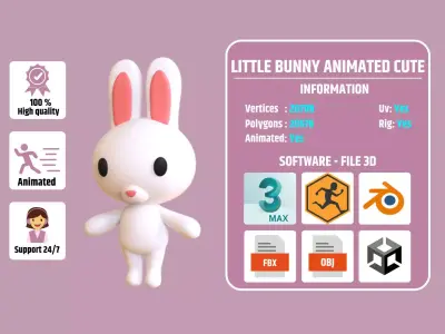 Little Bunny Animated Cute 3D Models For Games And Animations Low-poly 3D model