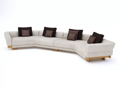 Geometric curved sofa with wooden base and cushions 3D model
