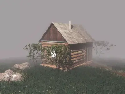 Bathhouse log cabin in middle of grassy field 3D model