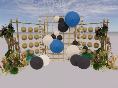 Chinese-style photo backdrop Low-poly 3D model