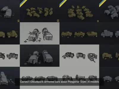 Cartoon Dieselpunk armored cars asset Polygonal Style 3D Model Pack