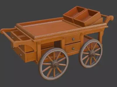 Ornate Wooden Vendor Cart 3D Model 3D model