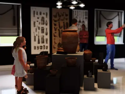 Museum model with people looking at artifacts 3D model