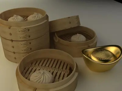 Chinese gold Ingot  and bamboo steamer  3D model