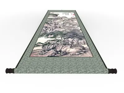 Chinese Hanging Scroll Brush Painting - Chinese Mountain Scenery Low-poly 3D model