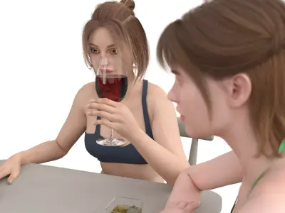 Bikini Woman around the table Low-poly 3D model