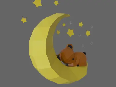 Low Poly Bear on the moon Model Origami  3D print model