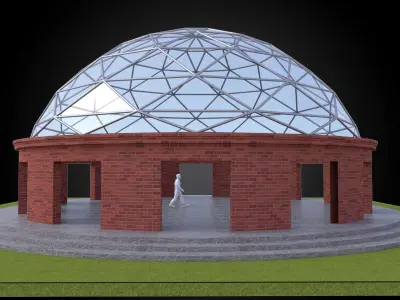 Dome with glass panels triangulated wire-frame steel structure 3D model