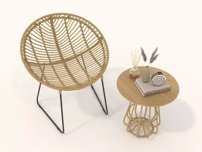 Rattan Coffee Table and Chair Set 3D model
