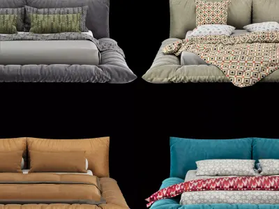  Bed with pillows and blanket 4 models of bed set 8 3D Model Collection