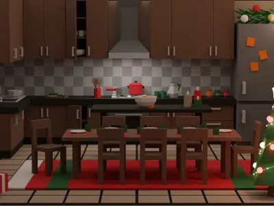 Low Poly Modular Simple Christmas Interior Pack Kitchen Low-poly 3D model