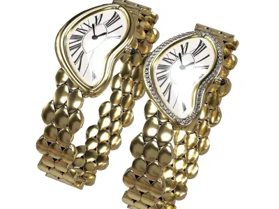 Gold Silver Leather Vintage Watch with Diamonds Low-poly 3D model