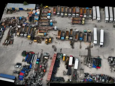 trucks vehicles warehouse storage terrain drone photogrammetry Low-poly 3D model