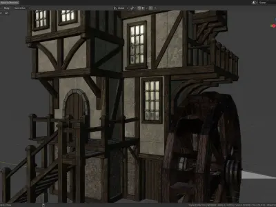 Medieval Watermill for UE 5 Rigged and Animated Low-poly 3D model