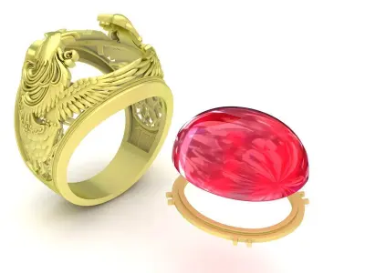 Luxury Asian Dragon Ring with Red Cabochon Gemstone  3871 3D print model