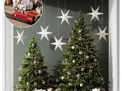 Christmas set 2 trees in window 3D model