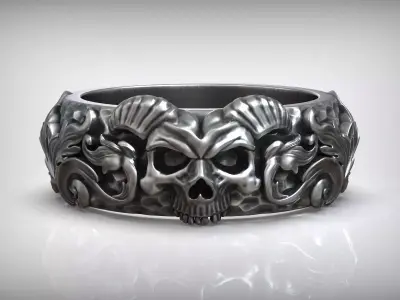 Classic Baroque Carved Hammered Skull Horn Ring 3D print model