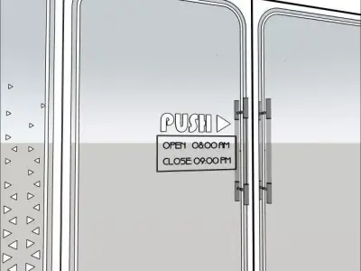 Glass Door with Push Sign and Time Display - 3D Model 3D model