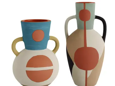 Set 2 Terracotta Ceramic Vase with Handles 3D model